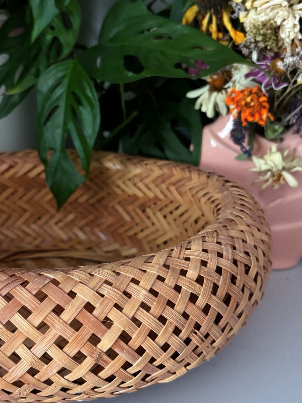 Woven Bamboo Rattan Basket Bowl Natural Boho Cottagecore Home Decor 11”